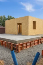 Дом «Пётр» 54 м², Каскелен, 2026: угол перегородки из гипсокартона, дверной проём с металлическим профилем, за ним комната со стенами из СИП-панелей