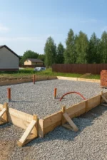 Дом «Пётр» 54 м², Каскелен, 2026: коридор с дверными проёмами, перегородки обшиты гипсокартоном, за ними комнаты со стенами из СИП-панелей