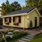 Проект дома «Г-71» из СИП-панелей, 71 м² — одноэтажный жёлтый дом со штукатуркой и деревянными ставнями | HotWell.KZ