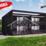 Проект дома «К-279ДД» из СИП-панелей, 222 м² — двухэтажный дом в тёмной отделке, плоская крыша, панорамные окна, балконы | HotWell.KZ