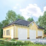 Проект дома «Г-143» из СИП-панелей, 143 м² — одноэтажный гараж с жёлтым сайдингом и тремя воротами | HotWell.KZ