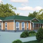 Проект дома «К-350» из СИП-панелей, 350 м² — одноэтажный кирпичный дом с зелёной крышей и гаражом | HotWell.KZ