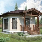 Проект дома «К-38» из СИП-панелей, 38 м² — одноэтажный дом с бежевой штукатуркой, вальмовой крышей и террасой | HotWell.KZ