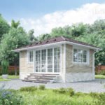 Проект дома «С-27» из СИП-панелей, 27 м² — одноэтажный дом с отделкой камнем, красной крышей и панорамными окнами | HotWell.KZ