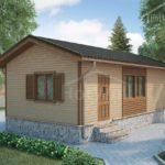Проект дома «О-50» из СИП-панелей, 50 м² — одноэтажный деревянный дом с двускатной крышей, деревянными ставнями и крыльцом | HotWell.KZ