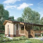 Проект дома «С-53» из СИП-панелей, 53 м² — одноэтажный дом со штукатуркой и деревянной террасой | HotWell.KZ