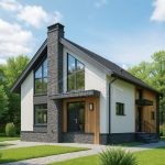 Проект дома «А-153» из СИП-панелей, 153 м² — современный дом с мансардой, панорамными окнами и отделкой камнем и деревом | HotWell.KZ