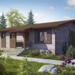 Проект дома «К-80» из СИП-панелей, 80 м² — одноэтажный деревянный дом с террасой и коричневой двускатной крышей | HotWell.KZ