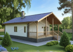 Проект дома «М-57» из СИП-панелей, 57 м² — одноэтажный дом с белой штукатуркой, синей крышей и террасой | HotWell.KZ