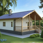 Проект дома «М-57» из СИП-панелей, 57 м² — одноэтажный дом с белой штукатуркой, синей крышей и террасой | HotWell.KZ