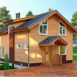 Проект дома «В-150ГГ» из СИП-панелей, 150 м² — двухэтажный дом с охристой штукатуркой и двускатной крышей, крыльцо с козырьком | HotWell.KZ