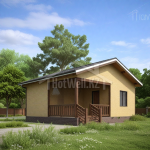 Проект дома «О-42» из СИП-панелей, 42 м² — одноэтажный дом с желтым кирпичом, двускатной крышей и террасой | HotWell.KZ