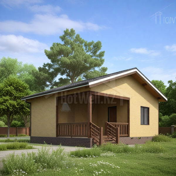 Проект дома «О-42» из СИП-панелей, 42 м² — одноэтажный дом с желтым кирпичом, двускатной крышей и террасой | HotWell.KZ