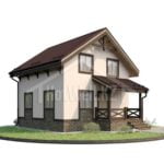 Проект дома «У-98» из СИП-панелей, 98 м² — дом с мансардой, бежевая штукатурка и коричневая крыша, крыльцо | HotWell.KZ