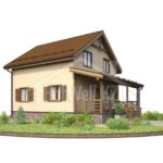 Проект дома «Т-112ББ» из СИП-панелей, 112 м² — дом с мансардой, бежевый сайдинг и терраса под навесом | HotWell.KZ