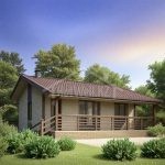 Проект дома «Д-54» из СИП-панелей, 54 м² — одноэтажный дом со светлым сайдингом, просторной террасой и коричневой крышей | HotWell.KZ