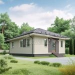 Проект дома «Д-89» из СИП-панелей, 89 м² — одноэтажный дом из светлого кирпича с тёмными вставками, вальмовой крышей и крыльцом | HotWell.KZ
