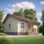 Проект дома «К-69» из СИП-панелей, 69 м² — одноэтажный дом с жёлтым фасадом и деревянным крыльцом | HotWell.KZ
