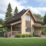 Проект дома «М-196» из СИП-панелей, 196 м² — дом с мансардой, бежевый фасад с деревом, крытые террасы и панорамные окна | HotWell.KZ