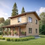 Проект дома «П-109» из СИП-панелей, 109 м² — двухэтажный дом из жёлтого кирпича с крытой верандой | HotWell.KZ
