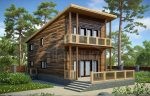Проект дома «Б-154ББ» из СИП-панелей, 154 м² — двухэтажный дом с деревянным фасадом и балконом, терраса с лестницей | HotWell.KZ