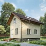 Проект дома «Ф-60» из СИП-панелей, 60 м² — компактный двухэтажный дом со светлым сайдингом и тёмной двускатной крышей | HotWell.KZ