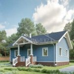 Проект дома «Х-75» из СИП-панелей, 75 м² — одноэтажный дом с голубым сайдингом, темной двускатной крышей и крыльцом | HotWell.KZ