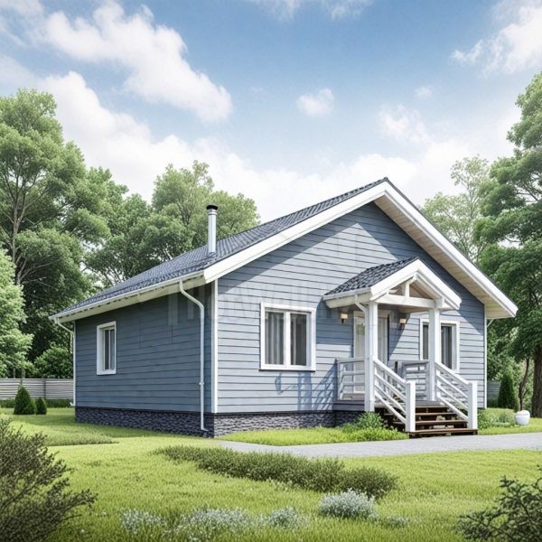 Проект дома «Р-92» из СИП-панелей, 92 м² — одноэтажный дом с серо-голубым сайдингом, двускатная крыша, крыльцо с навесом | HotWell.KZ