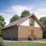 Проект дома «П-98» из СИП-панелей, 98 м² — дом из жёлтого кирпича с мансардным окном и крыльцом | HotWell.KZ