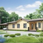 Проект дома «Л-59» из СИП-панелей, 59 м² — одноэтажный дом с жёлтым фасадом и навесом для машины | HotWell.KZ