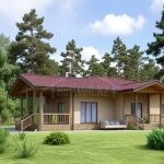 Проект дома «П-137» из СИП-панелей, 137 м² — одноэтажный дом с бежевым фасадом, красной крышей и крытой террасой | HotWell.KZ