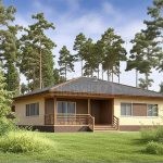 Проект дома «П-152» из СИП-панелей, 152 м² — одноэтажный дом с жёлтой штукатуркой, крыльцом и тёмной вальмовой крышей | HotWell.KZ