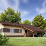 Проект дома «П-122» из СИП-панелей, 122 м² — одноэтажный дом со штукатуркой, коричневой крышей и навесом для авто | HotWell.KZ