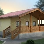 Проект дома «П-64ВВ» из СИП-панелей, 64 м² — одноэтажный дом с жёлтой штукатуркой и просторной крытой террасой | HotWell.KZ