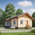 Проект дома «П-67» из СИП-панелей, 67 м² — одноэтажный дом с жёлтой штукатуркой и каменным цоколем | HotWell.KZ