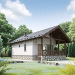 Проект дома «П-62» из СИП-панелей, 62 м² — одноэтажный дом с белой штукатуркой, каменным цоколем и крытой террасой | HotWell.KZ