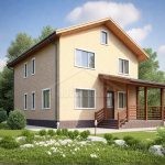 Проект дома «А-157» из СИП-панелей, 157 м² — двухэтажный дом с жёлтым кирпичом и двускатной крышей, терраса с навесом | HotWell.KZ