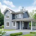 Проект дома «А-130» из СИП-панелей, 130 м² — двухэтажный дом с серым сайдингом и навесом, каменный цоколь | HotWell.KZ