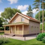 Проект дома «А-136» из СИП-панелей, 136 м² — дом с мансардой, бежевой штукатуркой и просторной террасой | HotWell.KZ