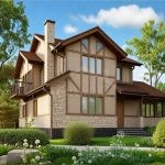 Проект дома «А-189» из СИП-панелей, 189 м² — двухэтажный дом с фахверковым фасадом, каменным цоколем и панорамными окнами | HotWell.KZ