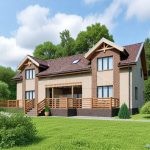 Проект дома «А-288» из СИП-панелей, 288 м² — дом с мансардой из бежевого кирпича с красной крышей и крытой террасой | HotWell.KZ