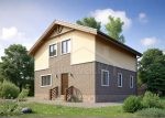 Проект дома «Л-153ББ» из СИП-панелей, 153 м² — двухэтажный дом с кирпичным низом и жёлтой штукатуркой сверху, коричневой крышей | HotWell.KZ