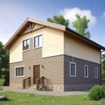 Проект дома «Л-153ББ» из СИП-панелей, 153 м² — двухэтажный дом с кирпичным низом и жёлтой штукатуркой сверху, коричневой крышей | HotWell.KZ