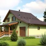 Проект дома «Л-161» из СИП-панелей, 161 м² — дом с мансардой с зелёной штукатуркой, терраса и гараж под двускатной крышей | HotWell.KZ