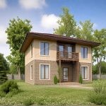 Проект дома «Л-163» из СИП-панелей, 163 м² — двухэтажный дом, бежевая штукатурка и камень, балкон | HotWell.KZ