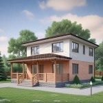 Проект дома «Л-136» из СИП-панелей, 136 м² — двухэтажный дом, белая штукатурка и кирпич, терраса под навесом | HotWell.KZ
