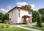 Проект дома «Л-147» из СИП-панелей, 147 м² — двухэтажный дом со светлой штукатуркой, красной крышей и крыльцом с козырьком | HotWell.KZ