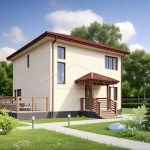 Проект дома «Л-147» из СИП-панелей, 147 м² — двухэтажный дом со светлой штукатуркой, красной крышей и крыльцом с козырьком | HotWell.KZ