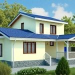 Проект дома «Л-172» из СИП-панелей, 172 м² — двухэтажный дом со светло-жёлтой штукатуркой, синяя крыша, крытая веранда | HotWell.KZ