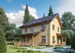 Проект дома «Л-150ВВ» из СИП-панелей, 150 м² — двухэтажный деревянный дом со светлой отделкой и крытой террасой | HotWell.KZ